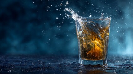 Whiskey splash in glass with ice cubes creating dynamic water droplets