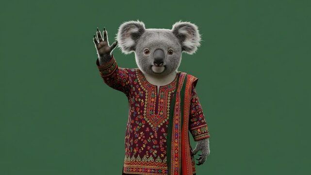 Charming koala character waving hello wearing traditional clothing