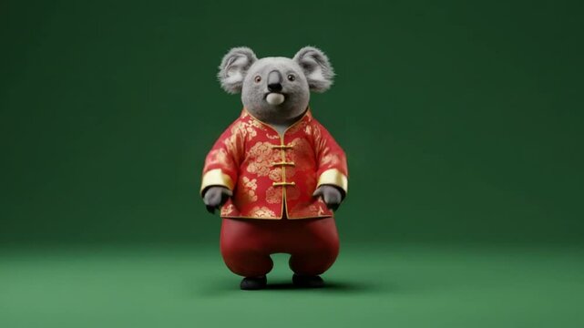 Adorable koala in traditional attire standing comfortably on green background