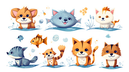 Obraz premium Collection of Fun Cartoon Cats, Dogs, and Fishes - Playful and Vibrant Animal Characters