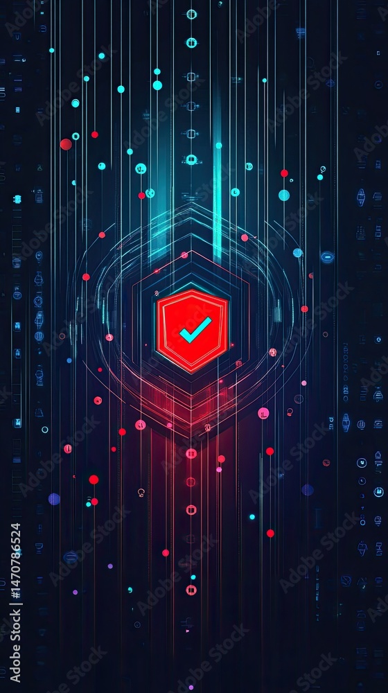 Poster abstract digital shield with a checkmark signifying security and protection against a dark blue and 