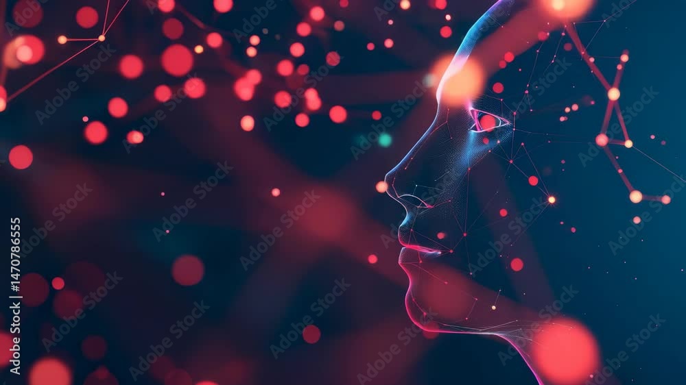Poster An abstract profile with glowing nodes and lines represents a high-tech, futuristic concept, such as artificial intelligence, digital identity, or the complexities of data networking.