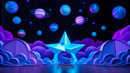 Enchanting cosmic stage design with a giant star planets clouds and vibrant purple blue hues perfect for fantasy theatrical productions or events