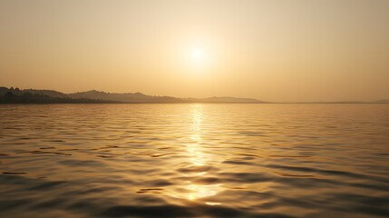 Obraz premium Golden Lake Reflecting Setting Sun with Hilly Horizon in Warm Tranquil Ambiance