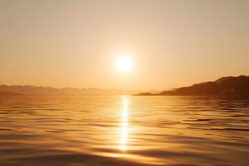 Naklejka premium Golden Ocean at Sunset with Mountain Landscape and Shimmering Water Reflection