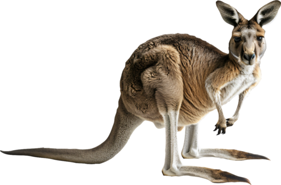Adult kangaroo standing tall with tail extended on transparent background