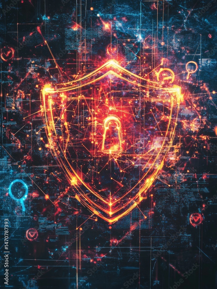 Poster abstract digital shield with lock and key symbol illuminated in fiery orange against a backdrop of d