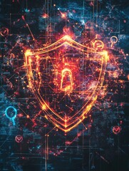 Obraz premium Abstract digital shield with lock and key symbol illuminated in fiery orange against a backdrop of data points and network connections.