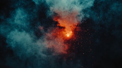 Fototapeta premium Dramatic explosion of colorful smoke against a dark background.