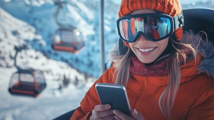 Ski vacation concept - smiling woman using smartphone app in gondola lift, wearing ski gear, minimalistic winter activity shot
