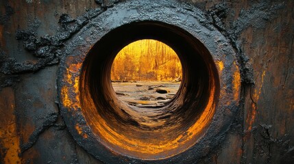 Rusty metal circular opening showcasing a natural landscape.