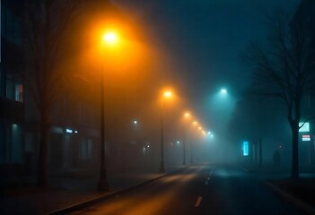 Generative AI unveils the eerie glow of a fog-shrouded street at night