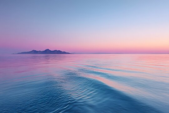 Ocean surface reflects the soft sunset sky with distant island mountains - Powered by Adobe