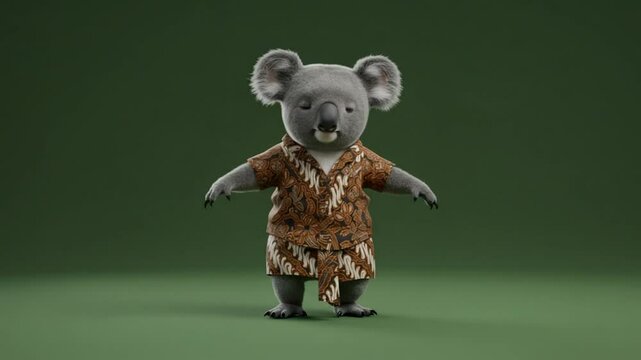 Cute koala character in patterned outfit standing upright on green background