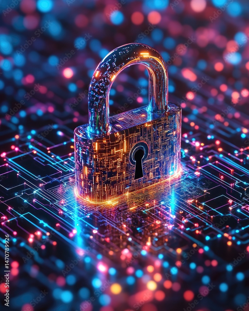 Poster a glowing padlock representing digital security on a circuit board background with bokeh effect ligh