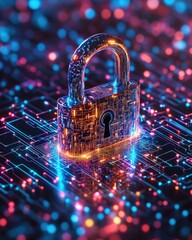 A glowing padlock representing digital security on a circuit board background with bokeh effect lights.