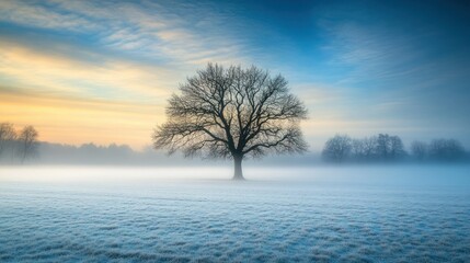 A solitary tree stands in a frosted and misty landscape