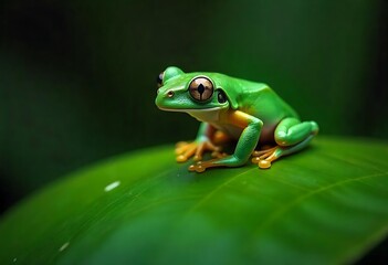 Naklejka premium Generative AI An Emerald Green Frog Resting on a Vibrant Leaf in the Jungle