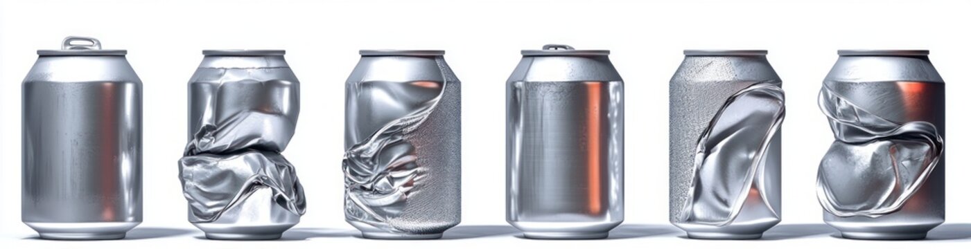A lineup of six silver aluminum cans with various states of deformation and condensation, showcasing a range of crushed and intact forms against a white background
