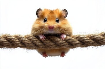 Close-up of a small fluffy hamster gripping a thick rope, looking directly at the camera with shiny black eyes and soft orange and white fur