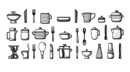 Ink drawn kitchen utensils on white background for professional culinary designs