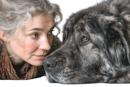 Closeup portrait of a woman and her dog showing affection and companionship