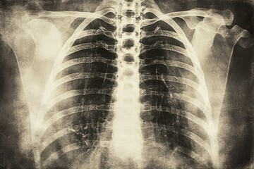 X-ray image of a human torso, showcasing ribs, spine, and shoulders.  Detailed view of skeletal structure