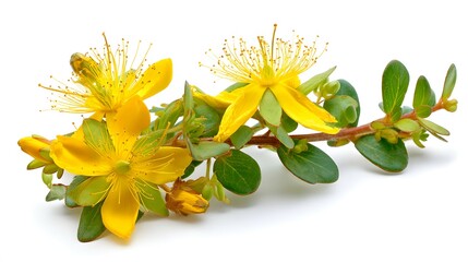 St. John's Wort Flowers with Stamens and Green Leaves Isolated on White Background