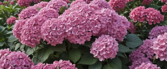 Large pink hydrangea, surrounded by diverse flowers, garden scene, pretty, photography