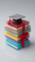 Stack of Colorful Books Topped with Graduation Cap and Red Ribbon on Light Surface