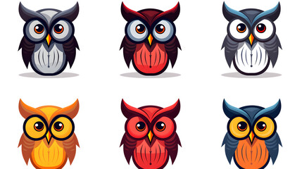 Fototapeta premium Collection of Nine Amusing Owl Face Illustrations Arranged in a Triangle Composition