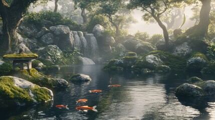 A tranquil zen garden scene featuring flowing water and koi fish