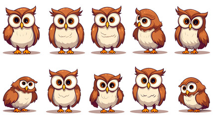 Fototapeta premium Collection of Nine Cute and Funny Oval Owls Isolated on White Background