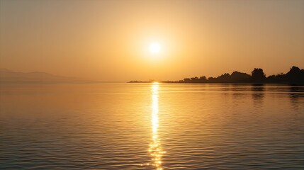 Sunrise Over Calm Water with Reflections and Distant Hills in Golden Light