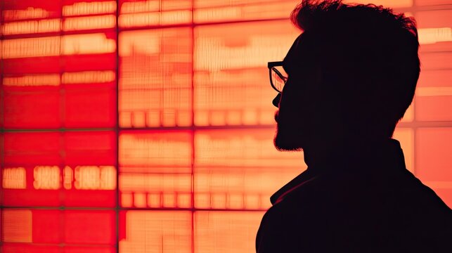 Man Silhouette with Data Center, and Red Lights.