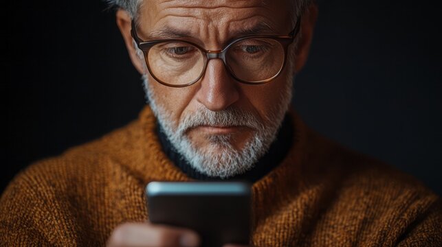 Close-up of senior man intensely using mobile phone.