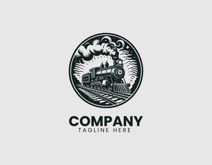Detailed Antique Steam Train Illustration Vector Logo Design, Vintage Steam Locomotive Detailed Design Vector Logo