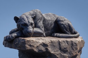 Dark panther sculpture resting atop a rocky outcrop.