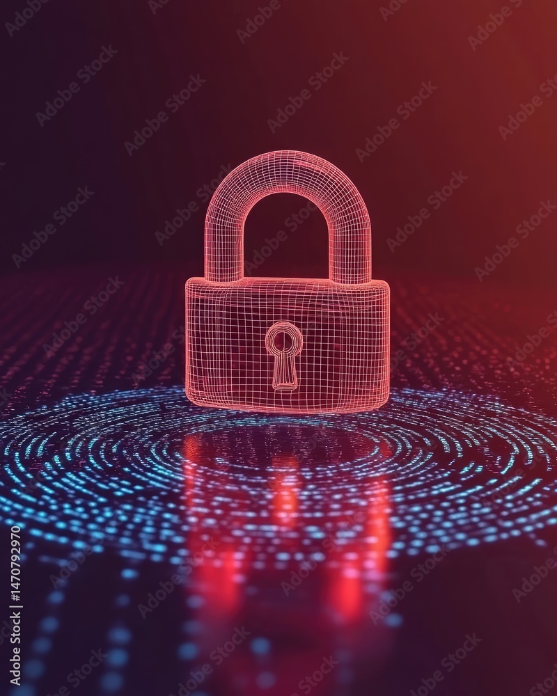 Poster digital security concept featuring a glowing red padlock against a dark background with a matrix-sty