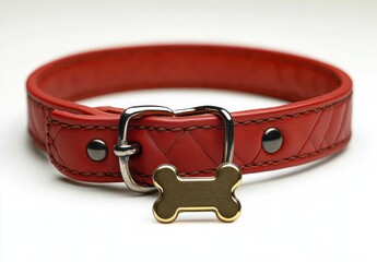 close-up of a red leather dog collar with a metal buckle and a bone-shaped tag on a white background