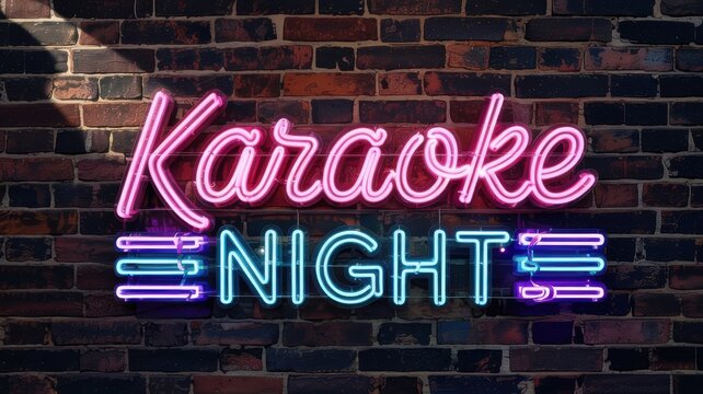 Vibrant karaoke night neon sign glowing on a textured brick wall backdrop