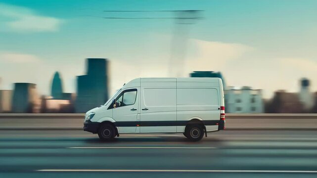 A white van drives along a highway, motion blur creates a sense of velocity. A skyline with high-rise buildings and a bridge is visible against a daytime sky.
