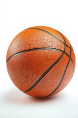 close-up view of an orange basketball with visible pebbled texture and black grooves on a white background
