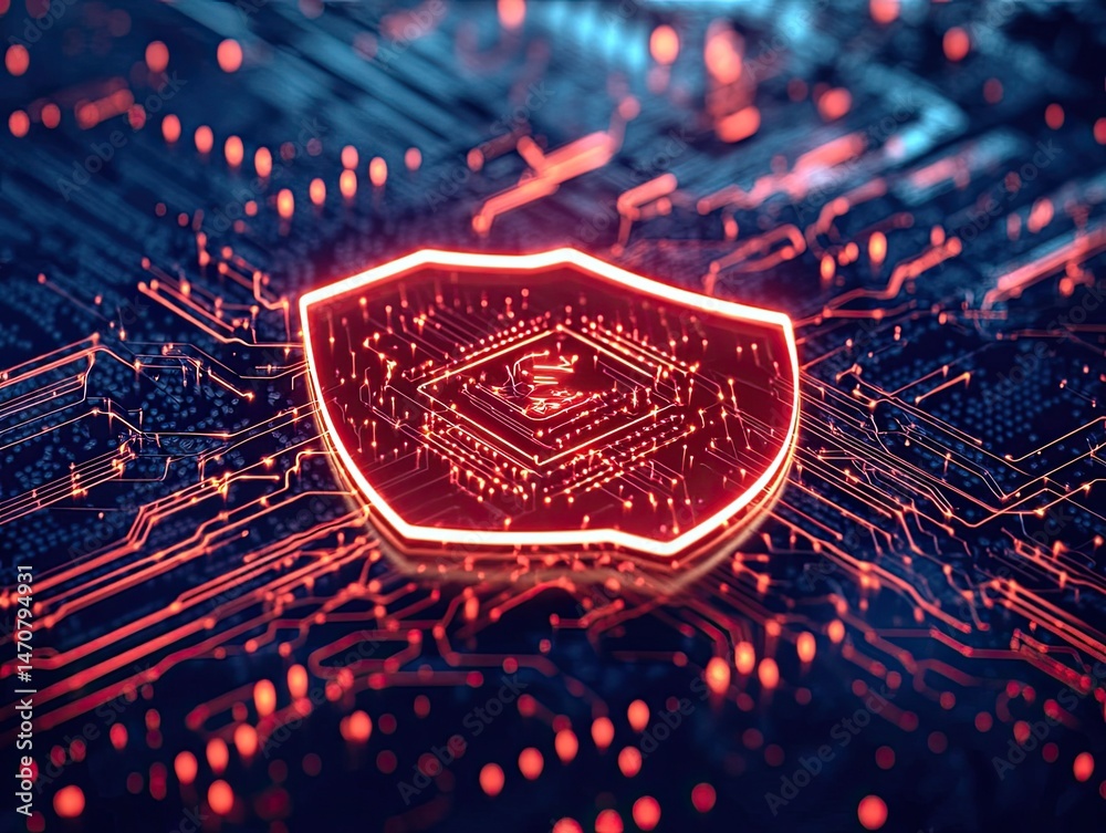 Poster glowing red shield symbol over a circuit board abstract digital security concept with network data p