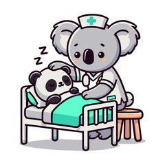 Koala Nurse Tucking Panda Teddy Bear into Bed in a Cozy Hospital Room Illustration