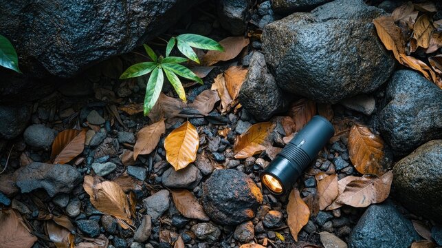 Durable waterproof torch next to rocks and leaves, lit up in a simulated outdoor survival setup