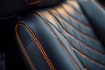 Close-up of dark leather car seat with detailed orange stitching and quilted pattern showcasing luxury and craftsmanship