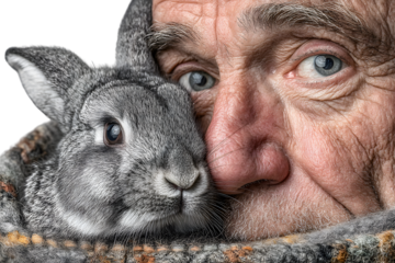 Closeup portrait of senior man with pet rabbit
