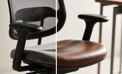 Office Desk Chair Comparison Showcasing Mesh Breathable Design Versus Leather Upholstery Close-up Detail