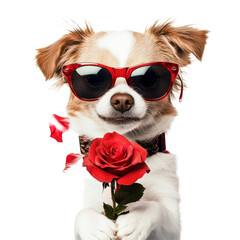 Adorable dog in sunglasses holding a red rose surrounded by rose petals indoors, Adorable Dog with Sunglasses Holding a Red Rose Among Petals on transparent background